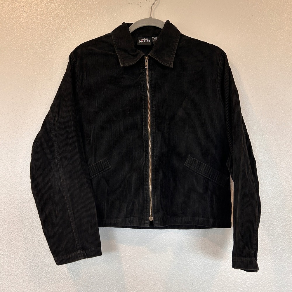 Stefano Basics VIntage Black Corduroy Zip Up Jacket Collared Cotton Women's M